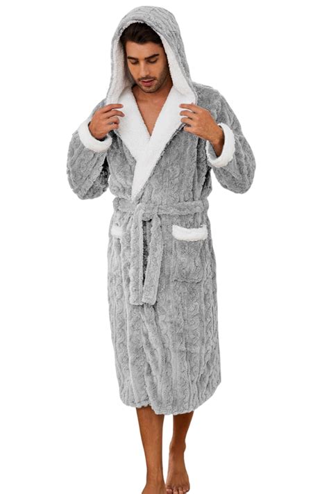 U2skiin Mens Robe With Hood Full Length Plush Robe For Men Contrast Thick Fleece Bathrobe Light