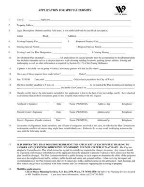 Fillable Online APPLICATION FOR SPECIAL PERMITS City Of Waco Texas