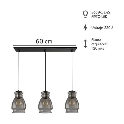 LUZ DESING Colgante 3 Luces Vidrio Fume Antique Moderno Apto Led E 27