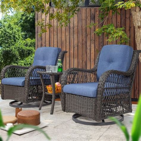 JOYSIDE 3 Piece Brown Wicker Outdoor Swivel Rocking Chair Set With Blue