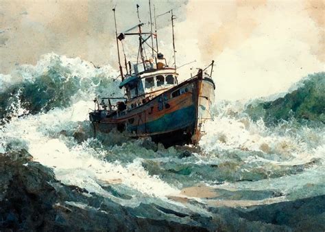 Vintage painting fishing boat waves stormy sea printable etsy – Artofit