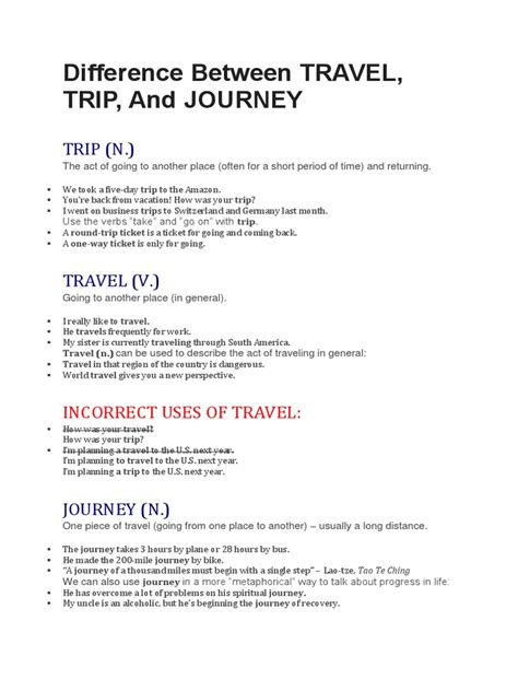 Difference Between Travel Trip And Journey With Answers Pdf