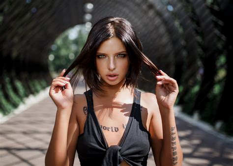 Blonde Tattoo Portrait Face Depth Of Field Red Sweater Women HD