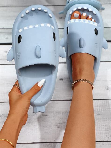 Women Blue Cartoon Shark Design Single Band Slides Shein Usa