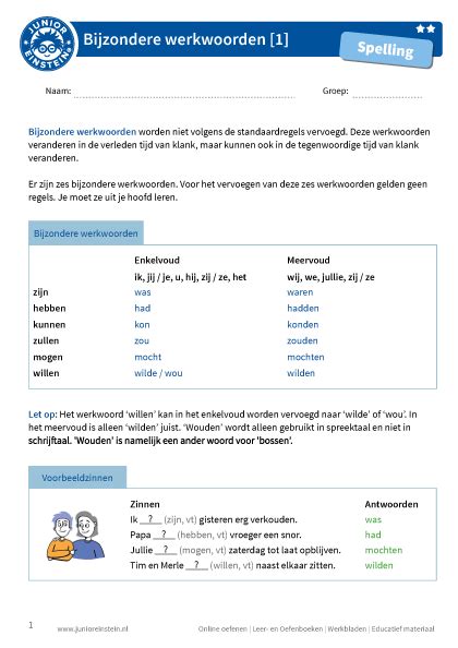 Bijzondere Werkwoorden Met Dit Werkblad Kun Je De Vervoeging Van