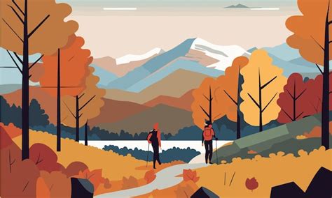 Premium Vector Couple Hiking In Autumn Mountains Autumn Landscape In