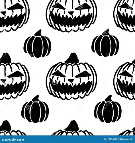 Seamless Monochrome Halloween Pattern With Scary Pumpkins Tile Texture