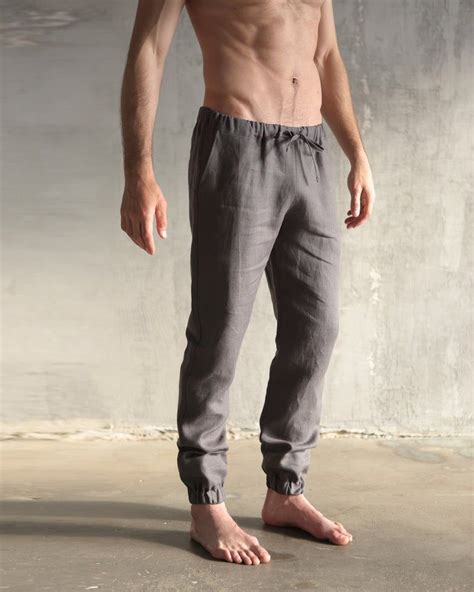 Mens Linen Pants Lounge Pants Drawstring Pants Gray Linen Etsy In