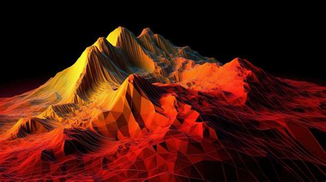 Red Low Poly Topographic Mountain With And Yellow Grid Terrain Rendered