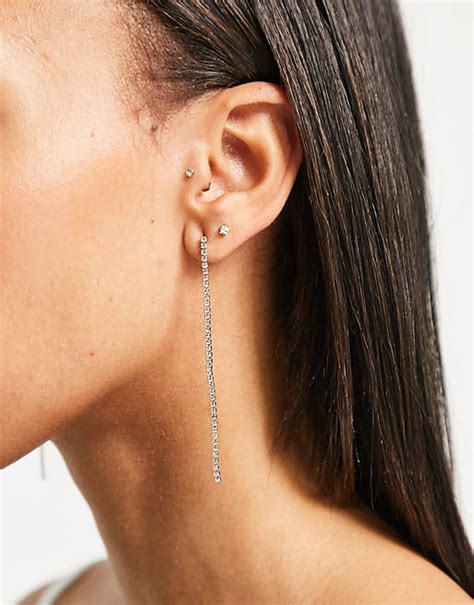 Designb London Single Drop Rhinestone Earrings In Silver Asos