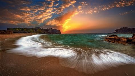 Sunlight Landscape Sunset Sea Bay Rock Shore Reflection Sky