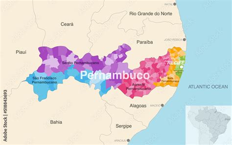 Brazil State Pernambuco Administrative Map Showing Municipalities