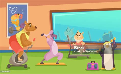 Cute Comic Animals Doing Exercises In Gym Vector Illustration Stock ...