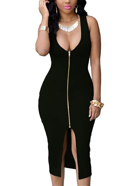 Women Sexy Front Zipper Bodycon Bandage Midi Evening Dress Plus Size S 4xl Black Cc12eit906f