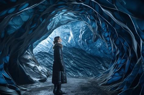 Premium AI Image | Man exploring an amazing glacial cave in Iceland