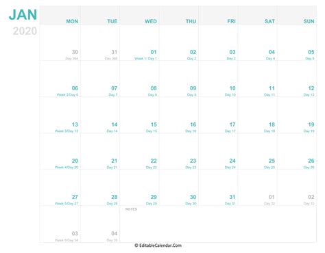 Editable Calendar January 2020
