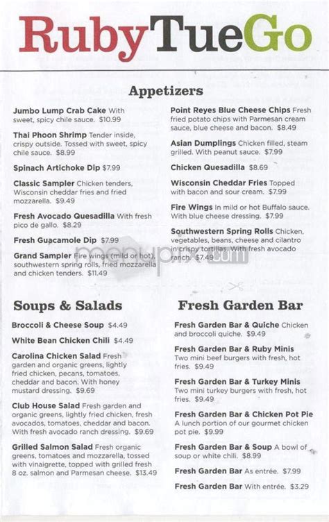 Carry Out Menu For Ruby Tuesday