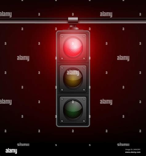 Vector Realistic Hanging Traffic Light With Glowing Red Prohibiting