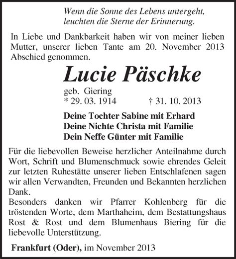 Traueranzeigen Von Lucie P Schke M Rkische Onlinezeitung Trauerportal