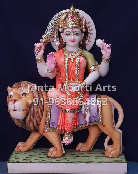 Painted Hindu White Makrana Marble Durga Maa Statue For Worship Size