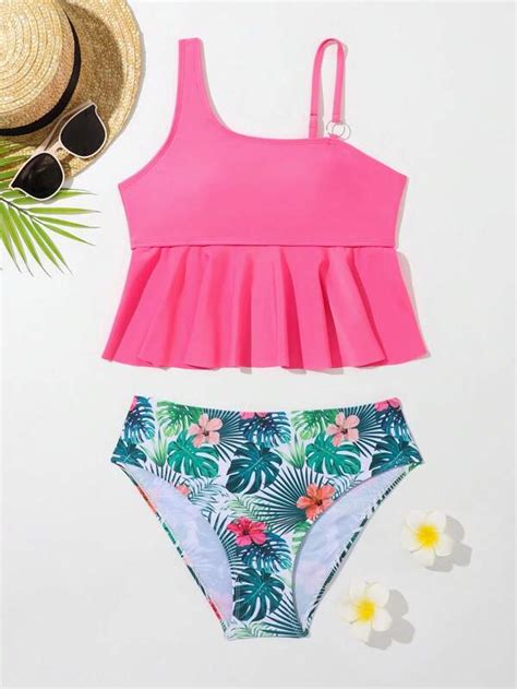 Teen Girls Tropical Print Ruffle Hem Bikini Swimsuit SHEIN USA