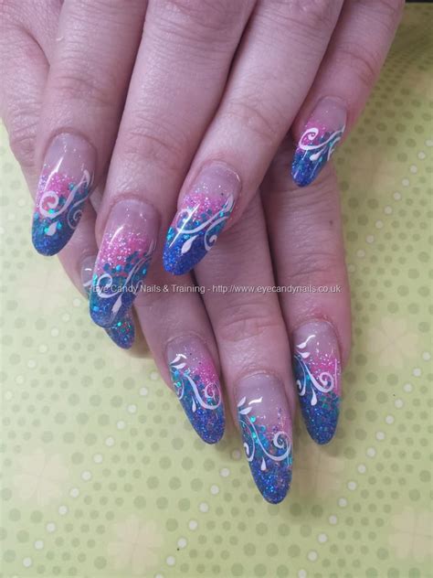 Blue Green And Pink Glitter With White Freehand Nail Art Technician