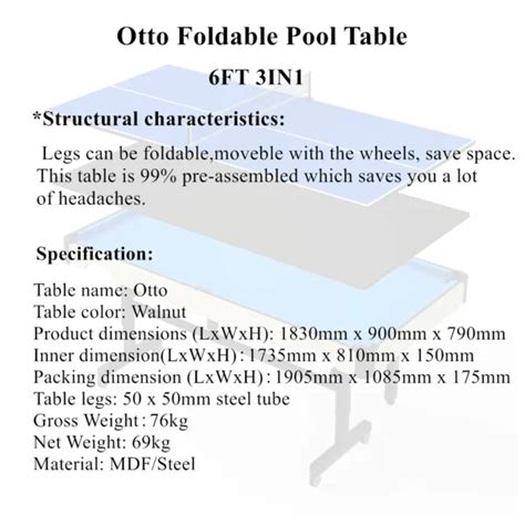 100 Best Deal Otto Foldable Pool Table 6FT 3IN1