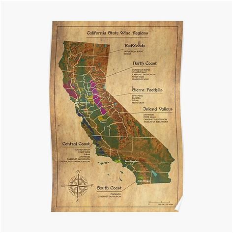 Vintage California Wine Region Map Poster By Artisticgoldcc Redbubble