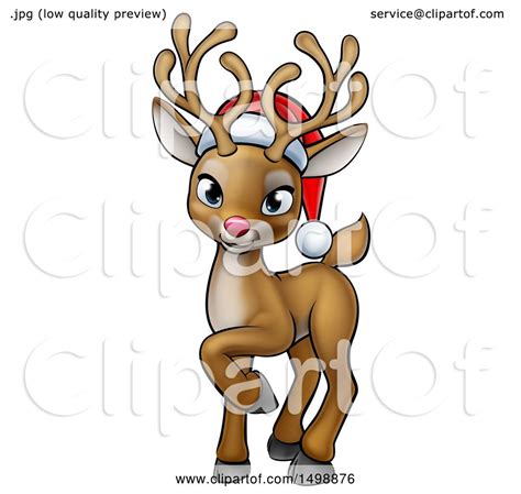 Clipart Of A Cute Red Nosed Christmas Reindeer Wearing A Santa Hat