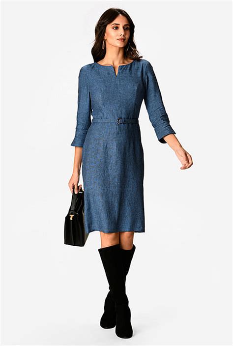 Shop Split Neck Cotton Chambray Sheath Belted Dress EShakti