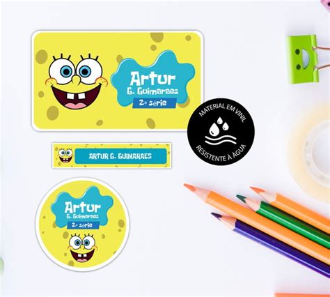 Etiquetas Escolares Personalizadas 92 Unid Bob Esponja Elo7