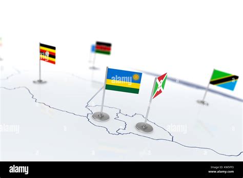 Rwanda Flag Country Flag With Chrome Flagpole On The World Map With