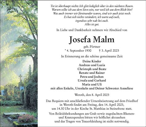 Traueranzeigen Von Josefa Malm Vrm Trauer De