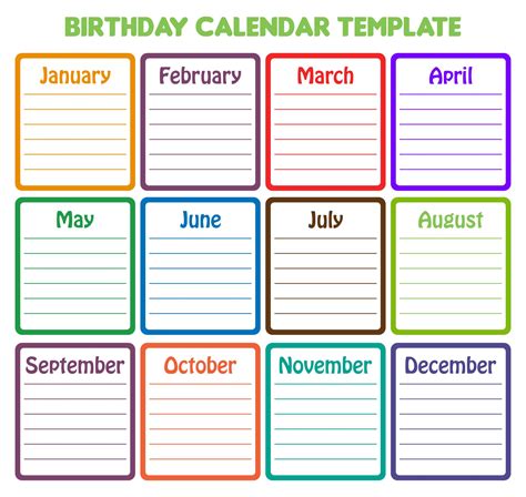 Printable Birthday Calendar Template