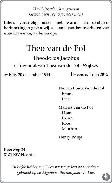 Theodorus Jacobus Theo Van De Pol 04 05 2015 Overlijdensbericht En