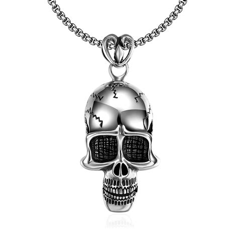 Fashion Stainless Steel Skeleton Skull Necklace Silver Chain Long Black Crack Pendant Men