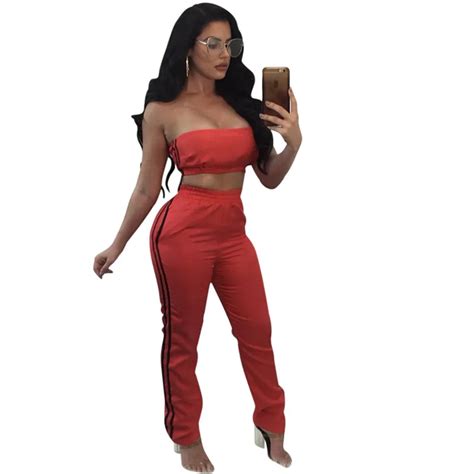 Sexy Two Piece Sets Strapless Crop Top And Long Pant Bodycon Suits