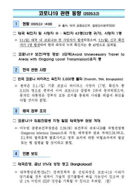 코로나19 관련 동향 3월 2일 상세보기코로나19 관련 동향주태국 대한민국 대사관