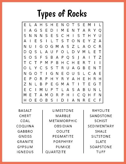 Types Of Rocks Word Search