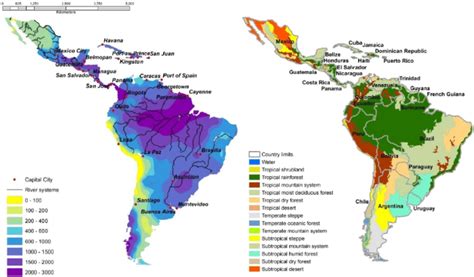 Rainfall distribution (left) and vegetation in Latin America (right ...