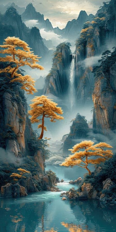 A Painting of a Waterfall with Trees in the Foreground, Jade Landscape ...