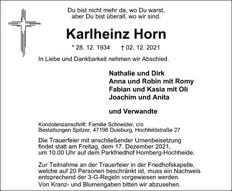 Traueranzeigen Von Karlheinz Horn Trauer In Nrw De