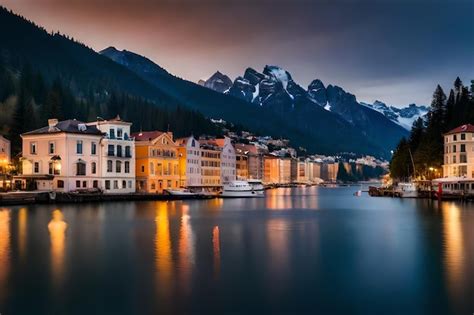 Una Ciudad De Noche Con Un Barco En El Agua Foto Premium