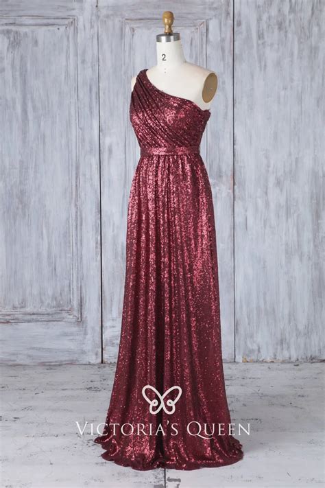 One Shoulder Maroon Sequin Long Bridesmaid Dress Vq