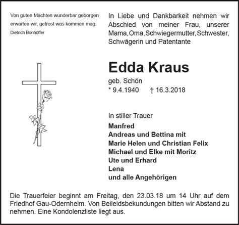 Traueranzeigen Von Edda Kraus Vrm Trauer De