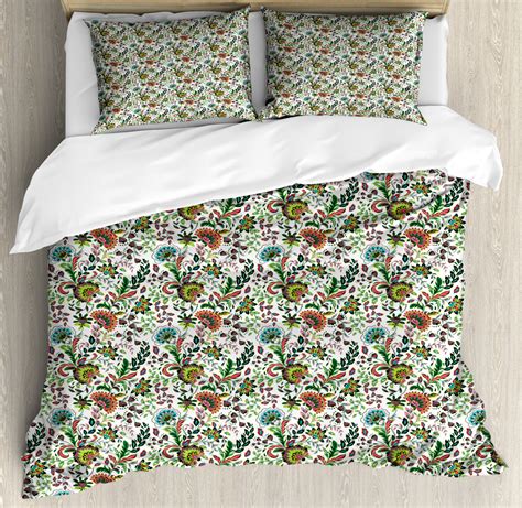 Floral Queen Size Duvet Cover Set Hand Drawn Composition With Fresh