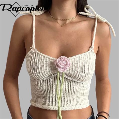 Rapcopter Y2k Floral Knitted Mini Vest Women Backless Vintage Sexy Crop