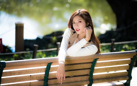 Photos Bokeh Pose Female Asian Bench Hands Staring 1920x1200