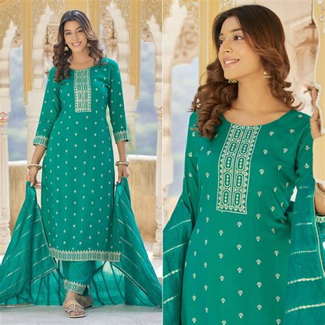 Rama Green Embroidered Cotton Salwar Suit