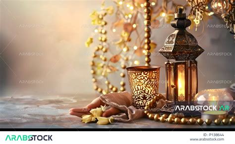 الاحتفال بقدوم رمضان المبارك، صورة مقربة لفوانيس معدنية مضيئة باللون